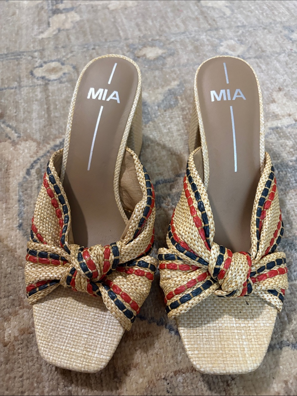 MIA Tan Braided Knot Mules with Red & Navy Trim